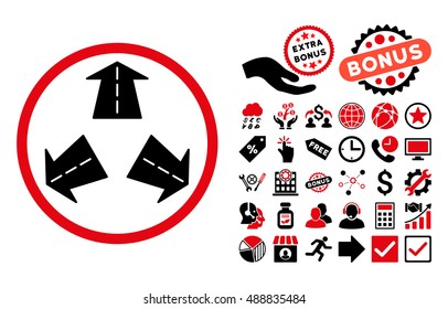 Road Directions icon with bonus icon set. Vector illustration style is flat iconic bicolor symbols, intensive red and black colors, white background.