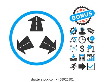 Road Directions pictograph with bonus elements. Vector illustration style is flat iconic bicolor symbols, blue and gray colors, white background.