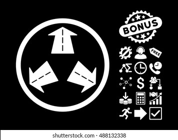 Road Directions pictograph with bonus pictures. Vector illustration style is flat iconic symbols, white color, black background.
