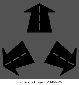 Road Directions vector icon. Style is flat symbol, black color, rounded angles, gray background.