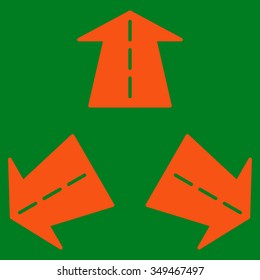 Road Directions vector icon. Style is flat symbol, orange color, rounded angles, green background.