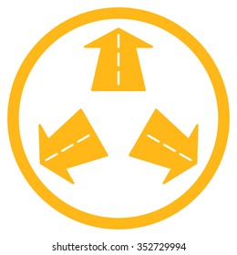 Road Directions vector icon. Style is flat circled symbol, yellow color, rounded angles, white background.