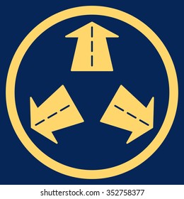 Road Directions vector icon. Style is flat circled symbol, yellow color, rounded angles, blue background.