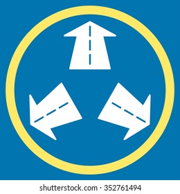 Road Directions vector icon. Style is bicolor flat circled symbol, yellow and white colors, rounded angles, blue background.