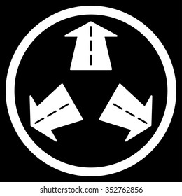 Road Directions vector icon. Style is flat circled symbol, white color, rounded angles, black background.