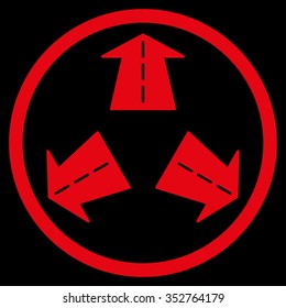 Road Directions vector icon. Style is flat circled symbol, red color, rounded angles, black background.