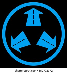 Road Directions vector icon. Style is flat circled symbol, blue color, rounded angles, black background.