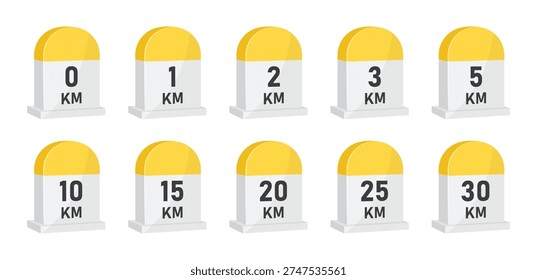 Road distance milestone markers set 0, 1, 2, 3, 5, 10, 15, 20, 25, 30 km yellow kilometer stones for navigation route map and travel vector illustration