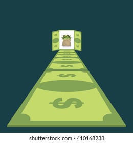 Road of dollars. Path to prosperity. footpath of money. cash bag in end. wealth paradise. Wealth. Open door to  luxurious life
