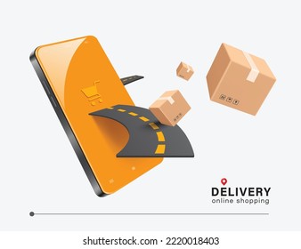 Road to drive goods to customers through smartphone screen with cart icon on screen and there was parcel box floating in front,vector 3d isolated on white background for delivery and online shopping