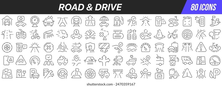 Road and drive line icons collection. Big UI icon set in a flat design. Thin outline icons pack. Vector illustration EPS10