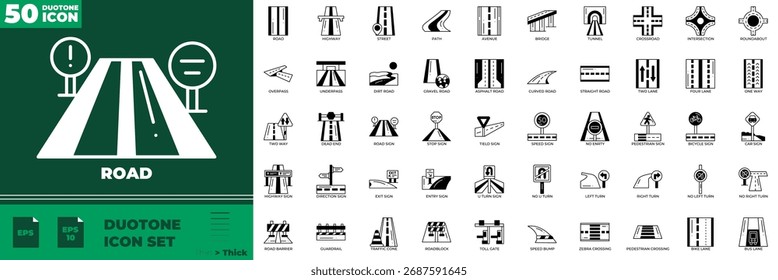Road Duotone Editable Icons set. Vector illustration in modern thin duotone style of road icons: street, highway, direction, etc
