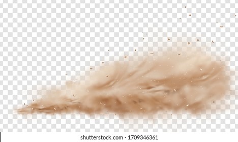 Road dust cloud with flying stones and particles isolated on transparent background. A cloud of dust sand flying from under the wheels of a fast-moving car or motorcycle. Realistic vector illustration - Shutterstock ID 1709346361