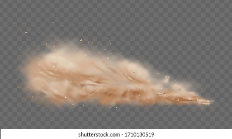 Road dust cloud with flying stones and particles isolated on transparent background. A cloud of dust sand flying from under the wheels of a fast-moving car or motorcycle. Realistic vector illustration