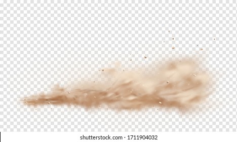 Road dust cloud with flying stones and particles isolated on transparent background. A cloud of dust sand flying from under the wheels of a fast-moving car or motorcycle. Realistic vector illustration