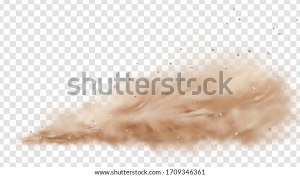 Road dust cloud with flying stones and\
particles isolated on transparent background. A cloud of dust sand\
flying from under the wheels of a fast-moving car or motorcycle.\
Realistic vector\
illustration
