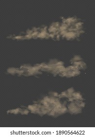 Road Dust Sand Cloud Set, Dirty Road From Tires. Collection Of Different Cloudy Beige Dust Trail On Track From Vehicle Or Motorbike. Ground Fog Effect, Sandy Powder Layout Realistic 3d Illustration