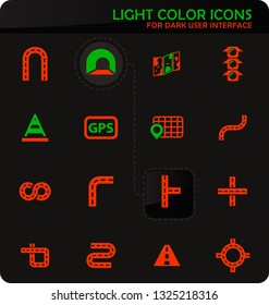 Road easy color vector icons on dark background for user interface design