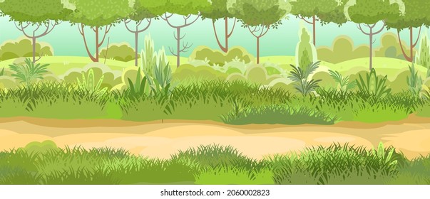 Road at the edge of the forest. Herbaceous green thickets and bushes. Beautiful and graceful landscape. Flat style. Cartoon design. Vector.