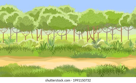 Road at the edge of the forest. Sky. Herbaceous green thickets and bushes. Beautiful and graceful landscape. Flat style. Cartoon design. Vector