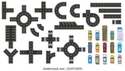 Elementos de la carretera y vista superior de los coches. Transporte urbano para el diseño del mapa de la ciudad, plan. Icono de transporte del vehículo. Calle con sendero y cruce. Constructor sin costuras por carretera. juntura de calles y objeto de carreteras