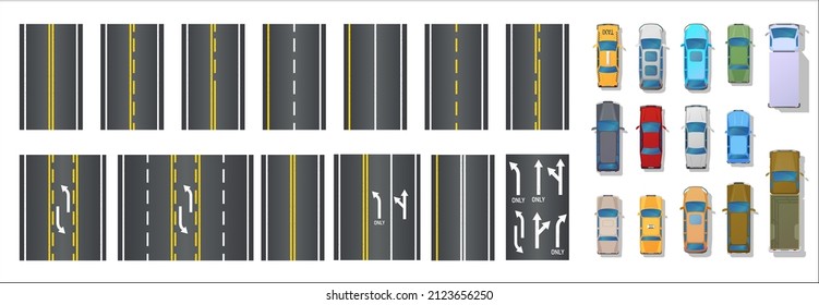 Elementos de la carretera y vista superior de los coches. Transporte urbano con marcas blancas y amarillas para el diseño de mapas, autopistas, plan. Icono de transporte del vehículo. Calle con sendero y cruce. Constructor sin inconvenientes