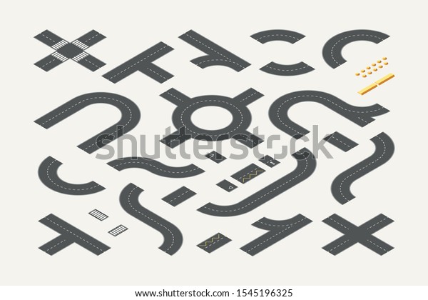 Road\
elements for city map isometric vector illustrations set. Highway\
segments 3d isolated cliparts pack. Urban infrastructure objects.\
Motorway crossway, junction. Pathway\
collection