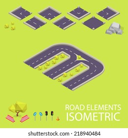 Road elements isometric. Road font. Letter M