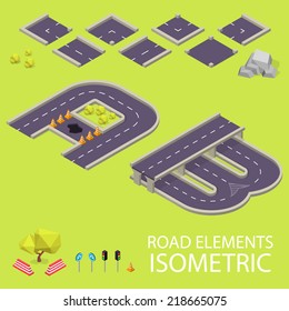 Road elements isometric. Road font. Letters A and B