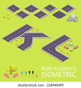 Road elements isometric. Road font. Letters K and L