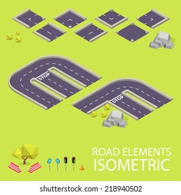 Road elements isometric. Road font. Letters E and F
