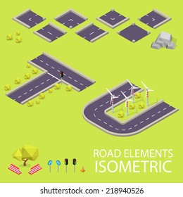 Road elements isometric. Road font. Letters T and U