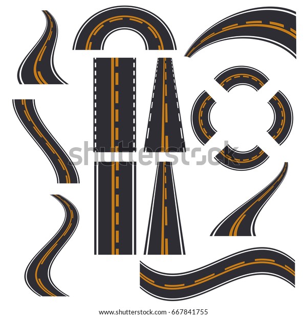 Road elements street transport asphalt line\
way footpath ring infinity and turns vector illustration. Road\
highway design plan transportation map element path speedway city\
road section\
cconstructor.