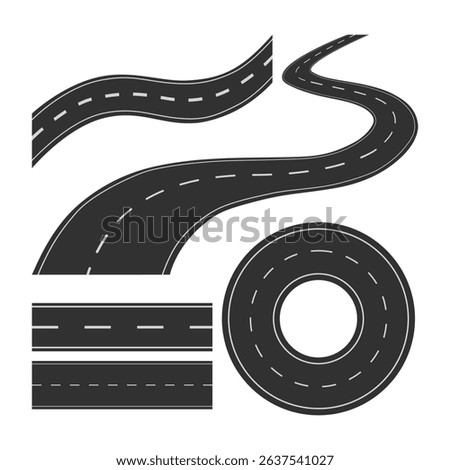 Road elements vector set, including straight way, curvy street, winding path and roundabout. Useful for maps, infographics, and layout design.