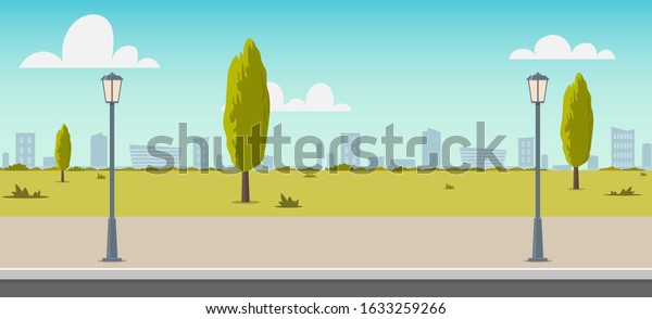 Road empty city street. Empty\
street or alley in a city park. Street on a Sunny summer day. Flat\
Vector Illustration, background for an animated video,\
footage