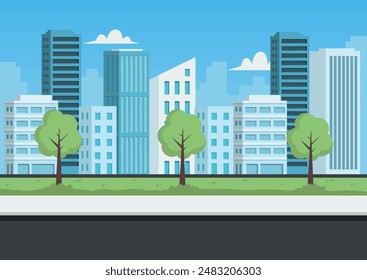 Road empty city street. Cartoon cityscape with modern skyscrapers, park and empty road. Vector stock