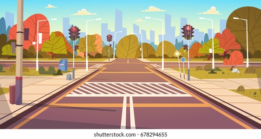 Дорога Пустой городской улицы с пешеходным дорожным движением и светофоры плоской векторной иллюстрации