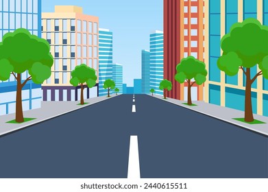 Road Empty City Street. highway cityscape, modern big skyscrapers town. Vector illustration in flat style