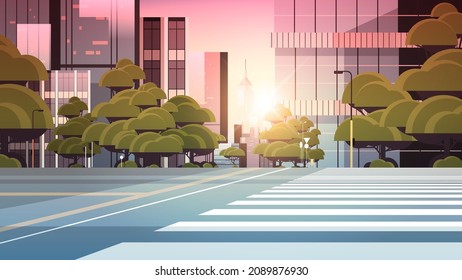 road empty street with crosswalk city buildings skyline modern architecture cityscape background