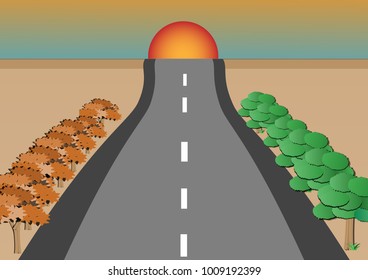 Road empty Street perspective countryside road vector with tree and blue sky sunset sunrise flat design cartoon style  transportation journey concept 
