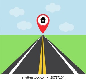 the road at the end of which the red sign indicates the location of the house
