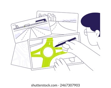 Road engineering abstract concept vector illustration. Professional engineer designs highway plan, infrastructure building, freeway construction, maintenance of bridges abstract metaphor.