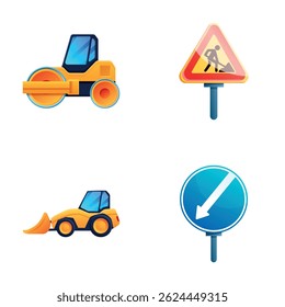 Os ícones do equipamento da estrada definem o vetor do desenho animado. Máquinas para reparação de estradas. Construção e renovação