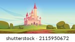 Road to fairy tale castle on hill. Vector cartoon illustration of summer landscape of fantasy kingdom with royal palace with towers. Medieval chateau on green fields with path and bushes