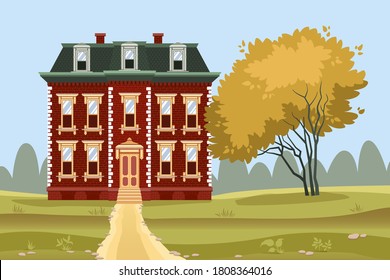 the road in the field leads to a red brick country house with a green roof in the old style, near which there is an autumn tree