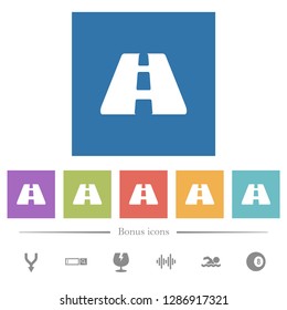 Road flat white icons in square backgrounds. 6 bonus icons included.