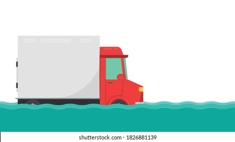 Road flooding. A truck trying to drive against flood on the street.