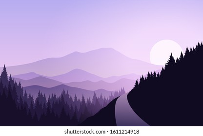 Road in foggy pine forest sunrise illustration