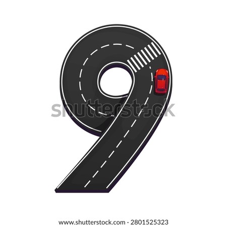Road font number 9 of asphalt street turn with car on highway traffic for alphabet typeface. Cartoon type road font of number 9 nine with car drive on racing track route for road travel typography