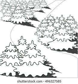Road in the forest. Fir-trees. Vector illustration. Doodle. Page for coloring book